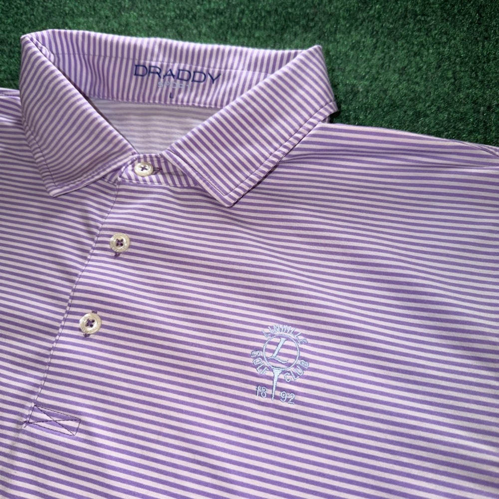 Draddy Sport Linville Golf Club Polo Men's Large Purple White Stripe Polo Shirt
